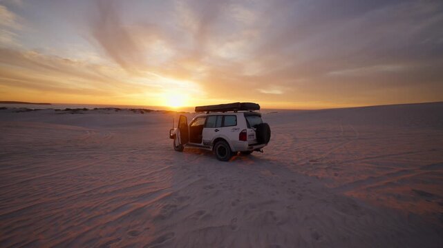 A 4x4 stopped on the sand at sunset, with a door open