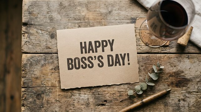 A charming rustic happy boss's day greeting card is displayed on a naturally weathered wooden surface alongside a warm cup of coffee