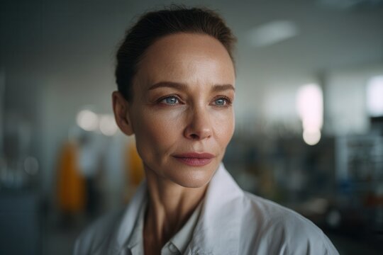 Mature woman in lab coat looking away with a focused and thoughtful expression