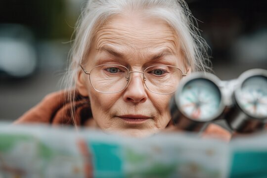 Senior woman carefully examining a paper map, planning her travel route with navigation tools