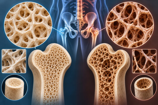 Osteoporosis vs Healthy Bone Structure and Bone Density Medical Illustration