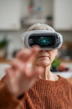 Senior woman is using a vr headset, interacting with a digital interface at home