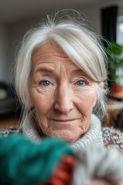 Mature woman looking at camera while knitting, representing aging and creativity