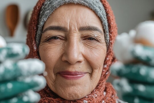 Older woman wearing snowy head covering and winter clothing, looking at camera with a warm smile