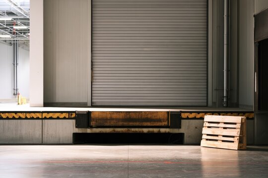 Loading dock area at a warehouse with a wooden pallet near a closed shutter door