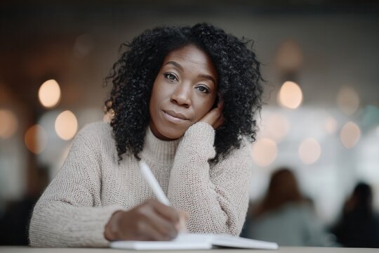 Black woman writing in notebook, contemplating
