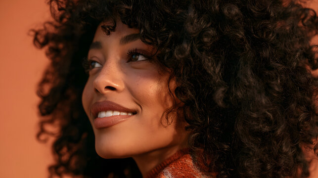 Stunning portrait of a young woman with voluminous curly dark hair, radiant warm skin tone, and a gentle confident smile, captured in soft golden sunlight against a vibrant terracotta background studi