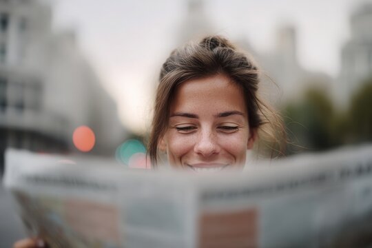 Woman enjoying daily news while reading a newspaper on the street