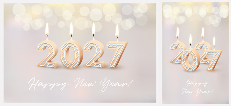 2027 Happy New Year greeting card vector background. 2027 candle numbers with fire on beige background with bokeh,. Horizontal and vertical festive luxury postcard, invitation, banner for social media