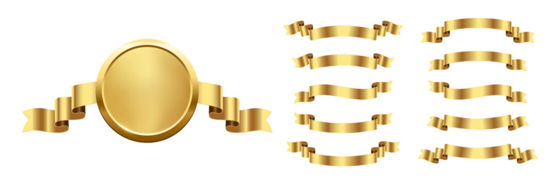 Gold medals with horizontal ribbon. 3d golden award badges isolated on white. Design elements for labels, certificates, prizes, winners, sales, discounts, diplomas. Realistic vector illustrations set.