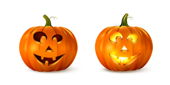 Halloween pumpkins set. Halloween glowing pumpkins on white background with carved scary, funny, spooky faces. Festive jack lantern collection in dark night style. Holiday vector illustration