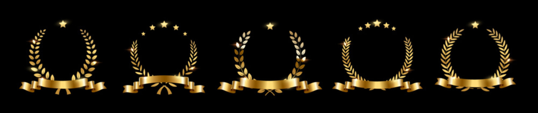 Gold award laurel wreaths with stars, ribbon and empty place for name of winner. Golden prize for awarding ceremony, championship, best player, diploma. Quality certified icon. Vector illustration.