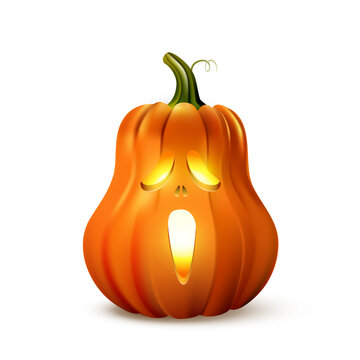 Halloween pumpkin. Halloween glowing pumpkin on white background with carved scary, funny, spooky face. Festive jack lantern in dark night style. Holiday vector illustration