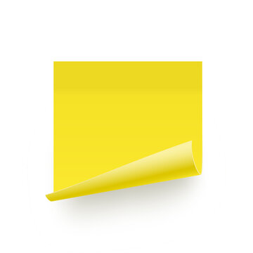 Post note. Yellow sticky square note paper with curled corner. Blank adhesive notepad page template isolated on white background. Realistic vector illustration for reminders and memos.