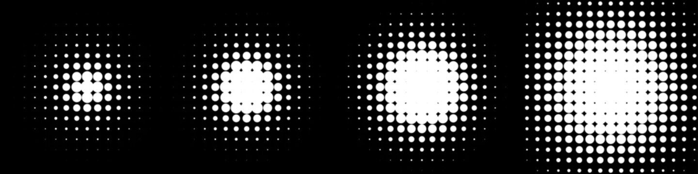 Halftone dotted round patterns. White grain circular shapes with gradient effect on black backdrop. Abstract graphic geometric monochrome background. Modern futuristic graphic vector illustration set