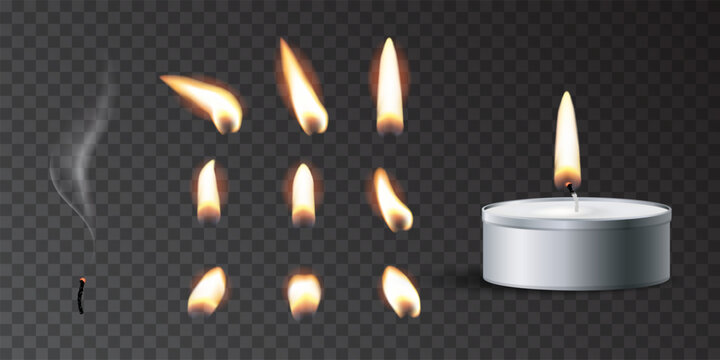 Candle flames set. Candlelight flame glowing softly in darkness. Realistic vector illustration for memorial ceremonies, meditation spaces, or candlelight celebrations with warm atmospheric lighting