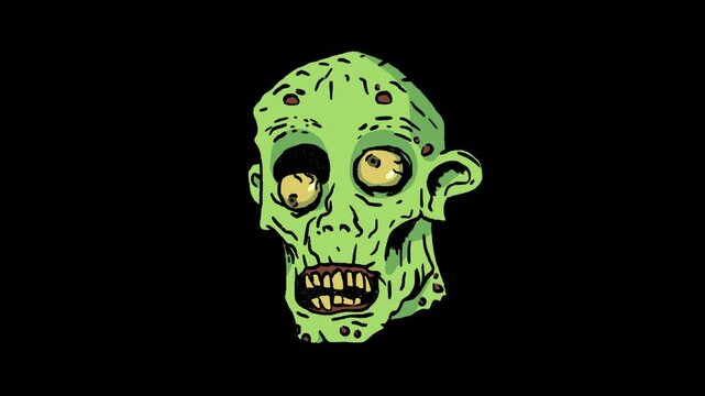 Seamless looping line boil 2D animation of scary zombie head with green skin and yellow eyes on transparent alpha channel. Creepy monster icon for Halloween, horror themes, and dark projects.
