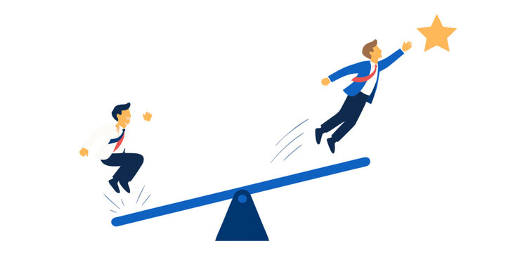 A vector illustration depicts two businessmen on a seesaw one reaching for a golden star corporate teeter totter balance success achievement competition ascent descent