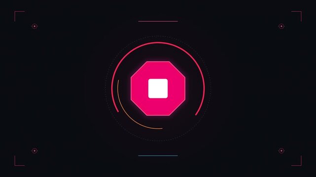 Animated geometric octagon shape with central square, digital HUD elements, technology background, motion graphic loop