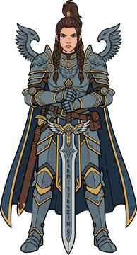 Female warrior holding sword, detailed armor design with winged pauldrons and a long blade
