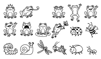 Obraz premium Whimsical Frog and Insect Outline Cartoon Characters Vector Set