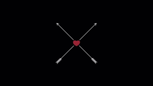 Minimalist Heart Icon Pierced by Two Crossed Arrows on Black Background.