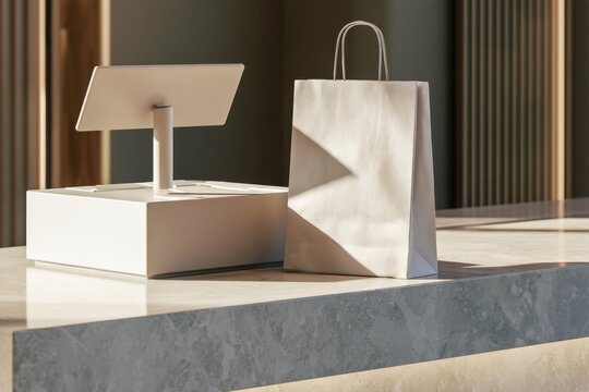 Shopping bag placed next to a modern point of sale system on a counter in a retail space during daylight
