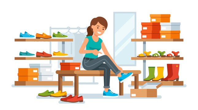 Woman Trying On New Shoes In A Shoe Store Illustration