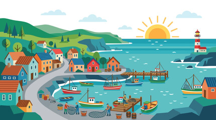 Flat vector illustration of a coastal fishing village with harbor, boats, and lighthouse