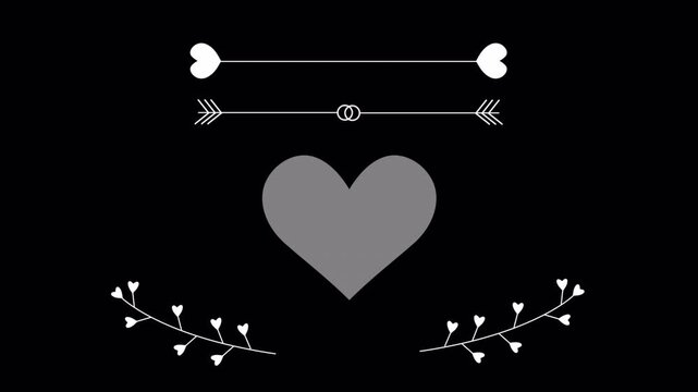Minimalist wedding and romantic love graphic elements animation on black background.