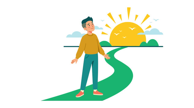 Man walking on a path towards a bright sunrise for a new beginning
