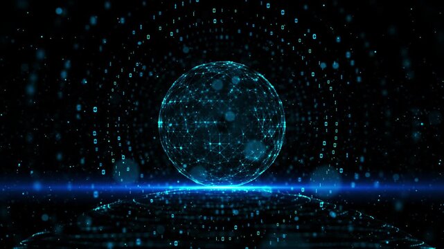 Data sphere by connected points falling digital code glowing cyan particles. blockchain systems, global machine learning, cybersecurity, cryptocurrency, cloud services, analytics, future technology