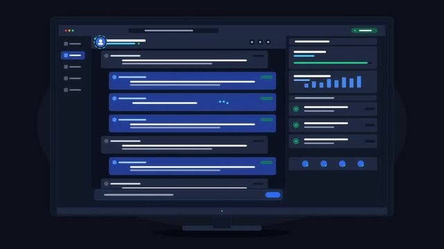 Digital dashboard displaying analytics, graphs, and data summaries on a dark screen, motion graphic