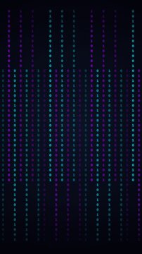 Vertical animation of falling binary code data stream in neon colors. Ideal looping background for tech social media reels, cybersecurity presentations, and mobile app UI design.