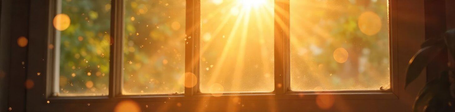 Sunlight streams through a window, illuminating dust motes dancing in the air; a joyful, carefree scene evoking the pure happiness of a bright, laughter-filled day , interior, bright