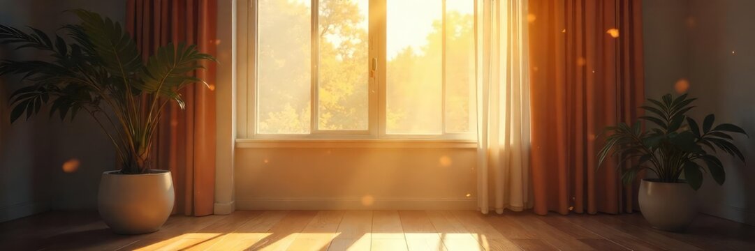 Sunlight streams through a window, illuminating dust motes dancing in the air as joyous laughter echoes in an empty room, suggesting a recent happy morning ,  minimalist,  light,  laughter