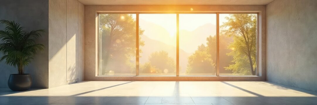 Sunlight streams through large, modern windows in a bright, minimalist interior, illuminating dust motes dancing in the air The scene evokes serenity and spaciousness , decoration, simple