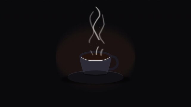 Motion graphic of a steaming cup of coffee or tea on a dark background, cozy morning beverage