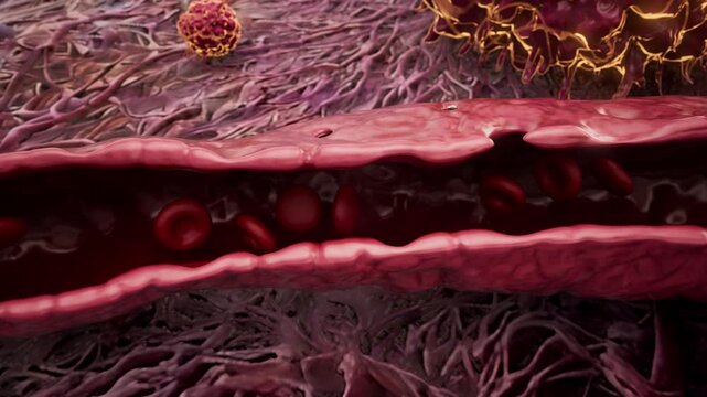 Conceptual 3D animation of cancer cells metastasizing through a blood vessel