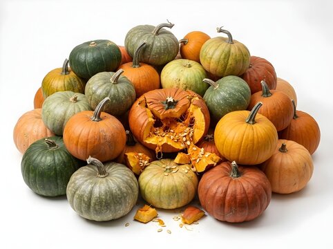 Pile of Multicolor Pumpkins Green Orange Yellow with Single Smashed Broken Pumpkin in Center Seeds on White