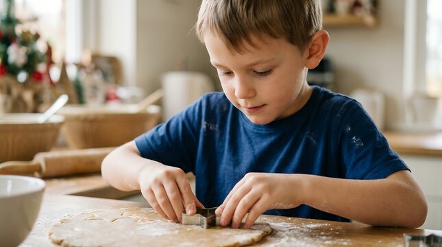 Young boy using a star shaped cutter on cookie dough in a home kitchen