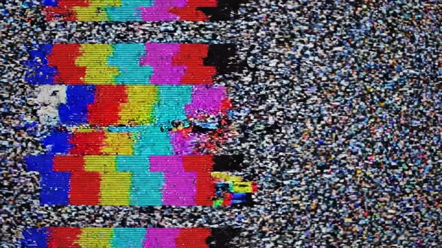 Retro television static transitioning into analog color bars with digital glitch effects