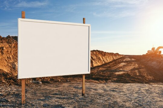 Construction site with blank billboard during sunset