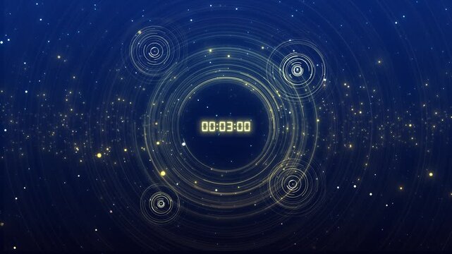 Elegant digital timer displayed radiant circles, glittering stars light trails. premium award shows, launches, live streams, competitions, conference openings, celebratory reveals cinematic countdowns