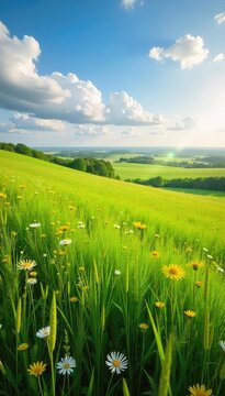 Golden Sunlight Bathes a Swaying Tallgrass Prairie Panorama, Wildflowers Blooming in Breathtaking Landscape