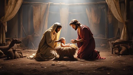 Obraz premium Nativity Scene: Mary, Joseph, and Baby Jesus in Humble Stable Setting - Religious Holiday Illustration