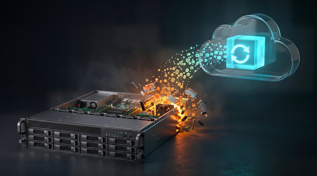 Rack server hardware transforming into cloud data storage icon representing cloud migration and disaster recovery system