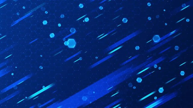 Cyber network hexagonal cells blue light trails. AI presentations, cloud computing, secure communications, digital transformation, financial technology, research, engineering startup promotions. 3D
