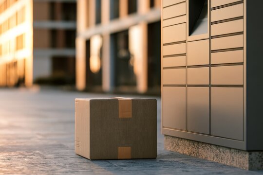 Delivery package placed near a mailbox at sunset outside a building complex