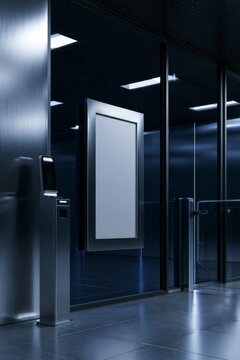Modern entrance with an empty display in a business building at night